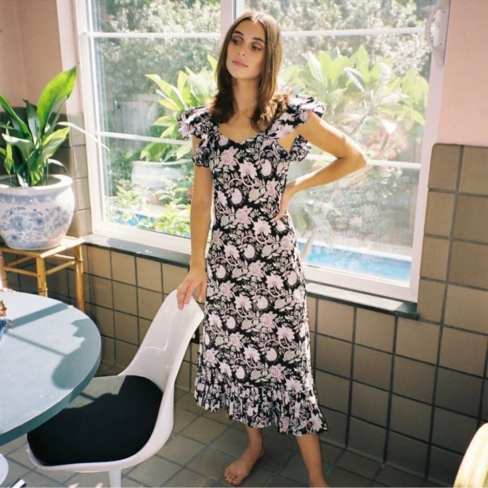 NWT MILLE Klara Floral Ruffle Cotton Midi/Maxi Dress in Tropical Night $228 Sz S